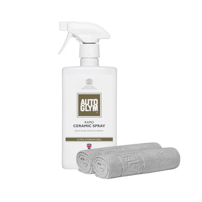 Autoglym rapid ceramic spray bottle with two grey microfibre cloths on a white background