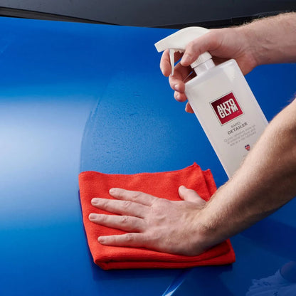 Autoglym Rapid Detailer Quick Detailer and Clay Lube 500ml with red microfibre cloth on blue car bonnet