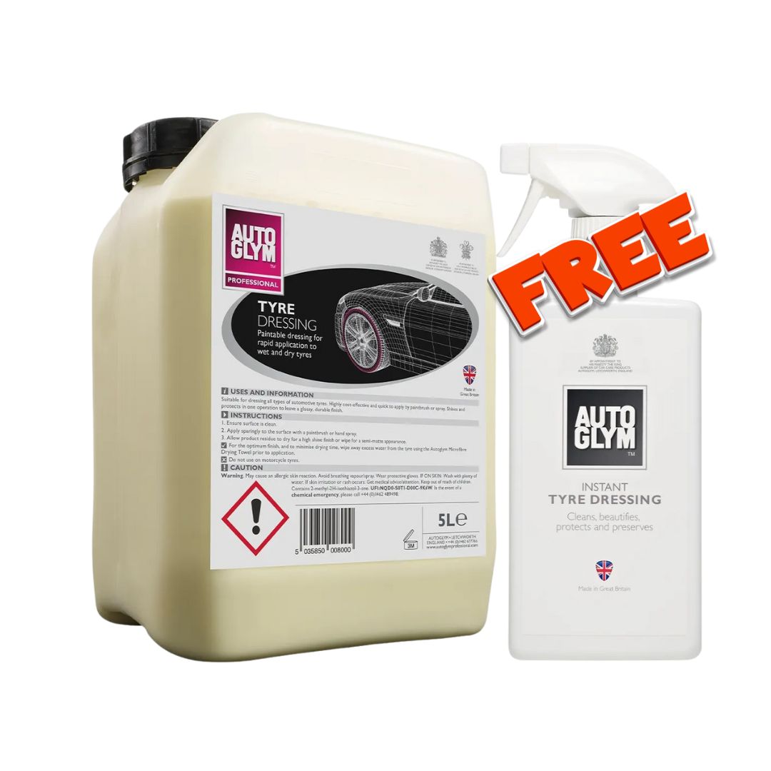Two bottles of Autoglym tyre dressing with a free offer on a white background