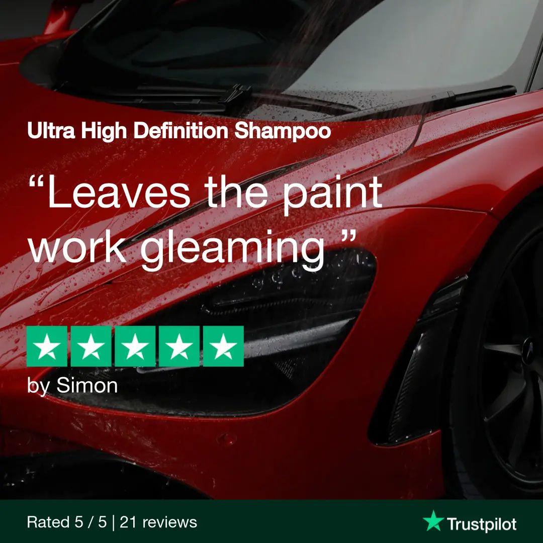 Red car with text about Ultra High Definition Shampoo and a Trustpilot rating.