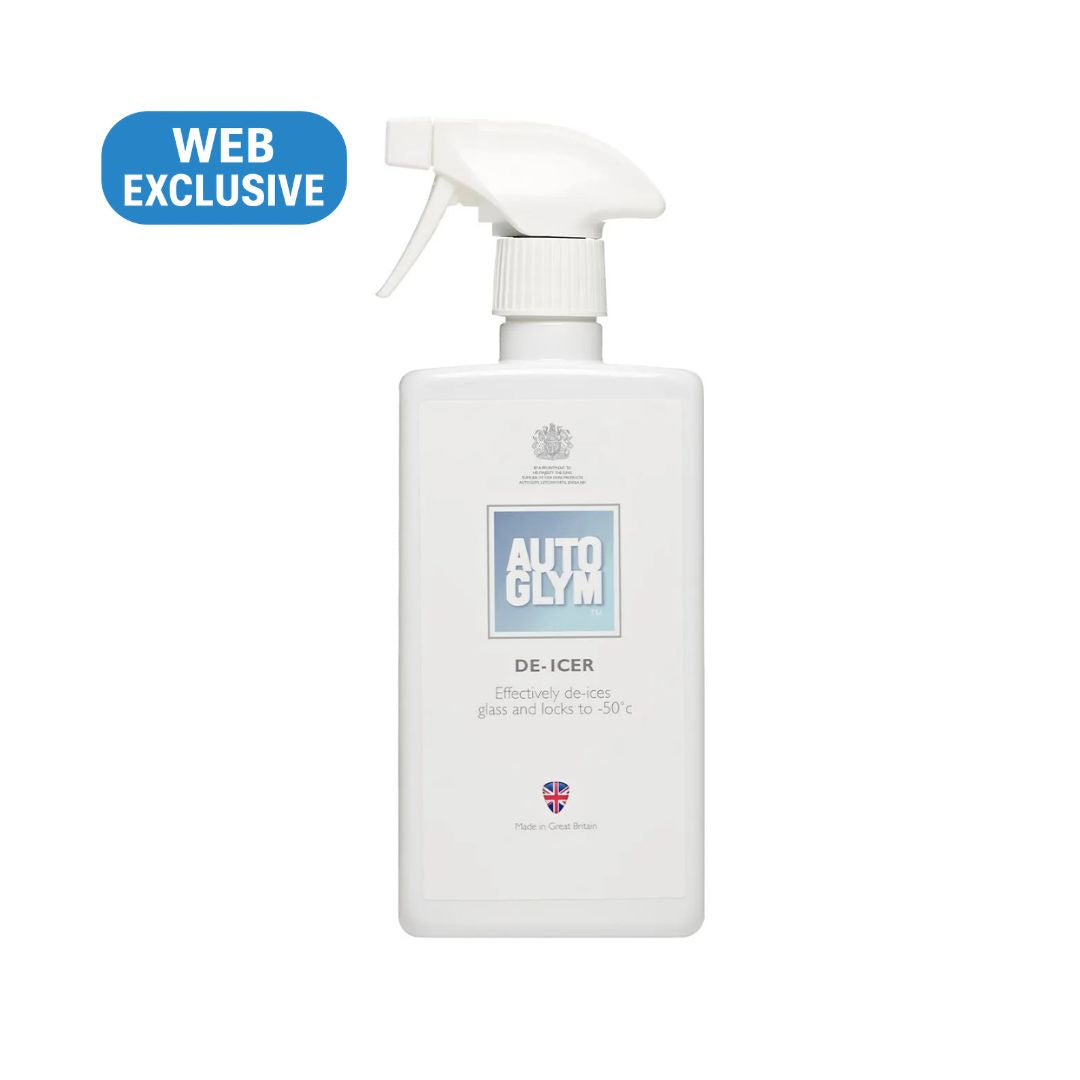 A white spray bottle of Autoglym De-Icer on a white background, featuring a blue 'WEB EXCLUSIVE' badge in the top left corner.