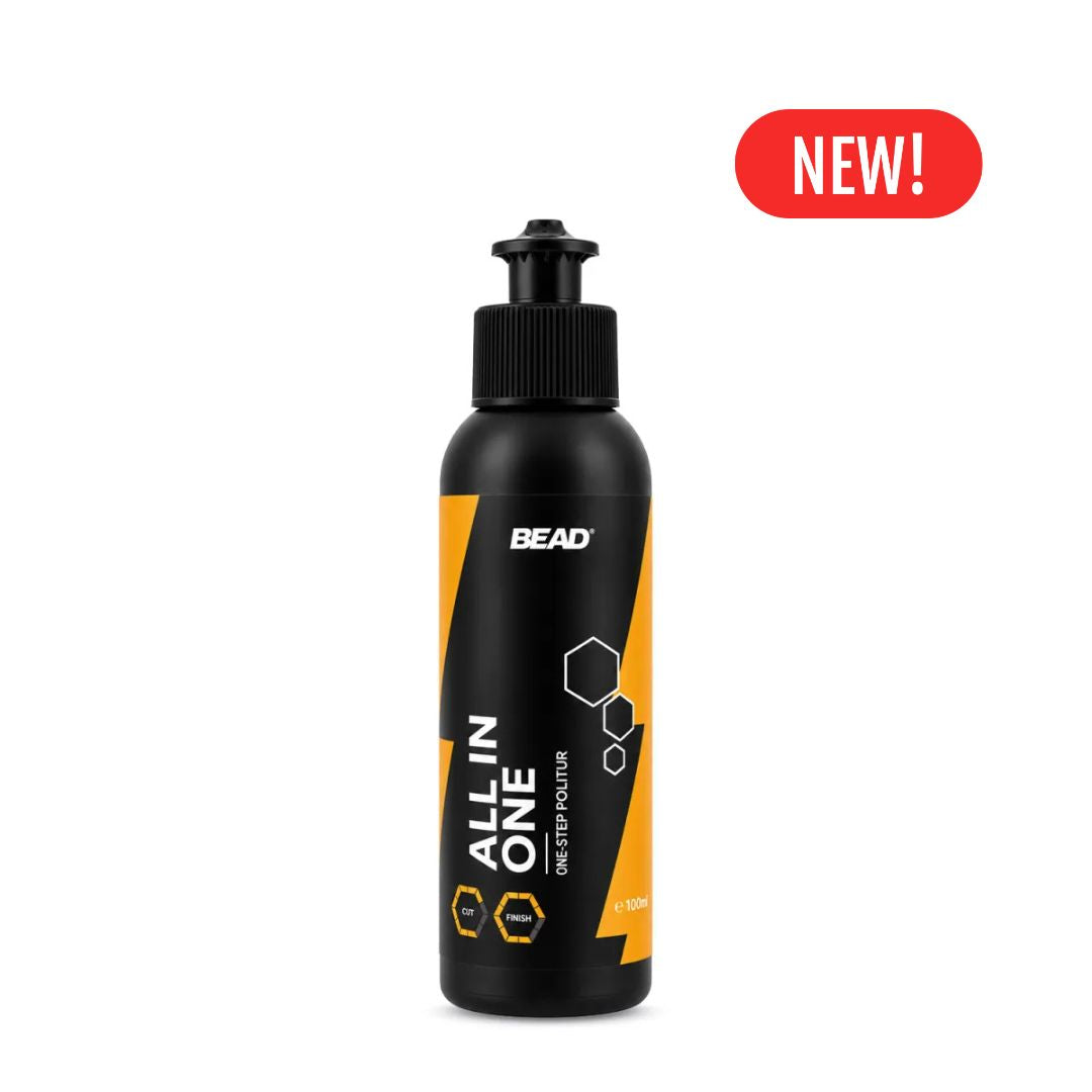A black bottle of BEAD All In One One Step Polisher with a black pump dispenser, featuring orange and white graphics on the label. A red 'NEW!' badge is displayed in the top right corner against a solid white background.