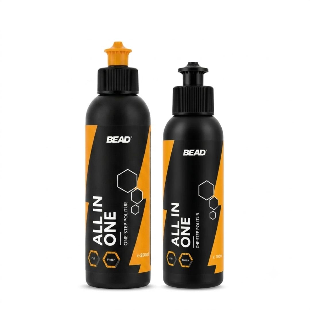 Two black bottles of BEAD All In One One Step Polish, one with a flip-top cap and one with a pump dispenser, shown on a white background.