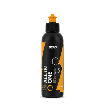A bottle of BEAD All-In-One One Step polishing compound, featuring a black bottle with a bright orange cap and a black and orange label, set against a plain white background.