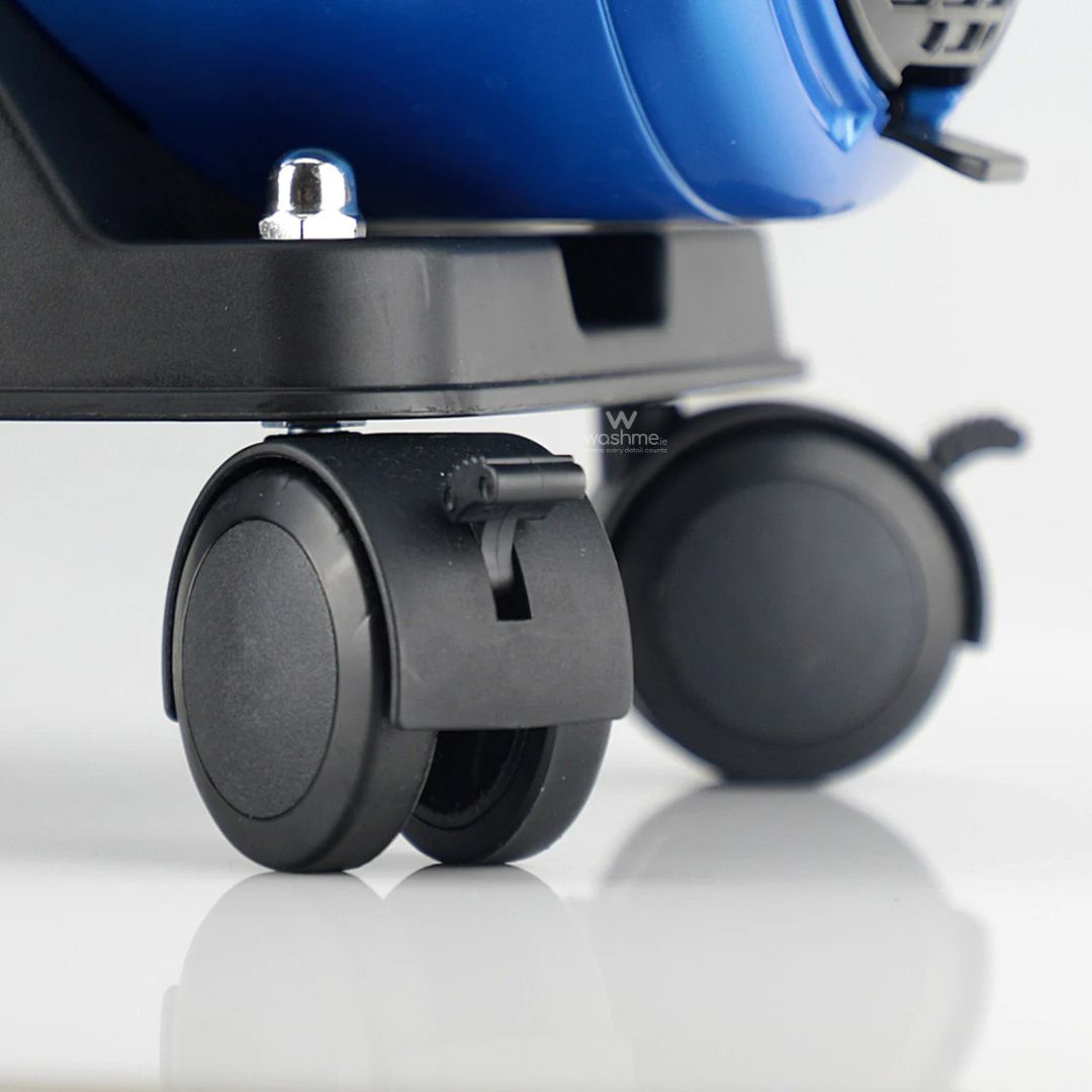 Close-up of a blue and black Blo car dryer with wheels on a white background
