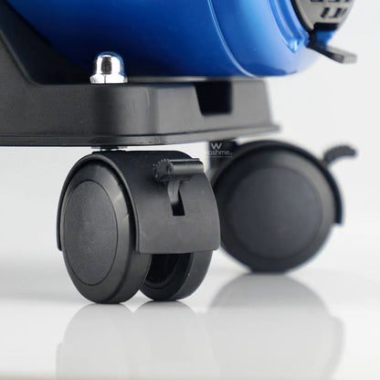 Close-up of a blue and black Blo car dryer with wheels on a white background