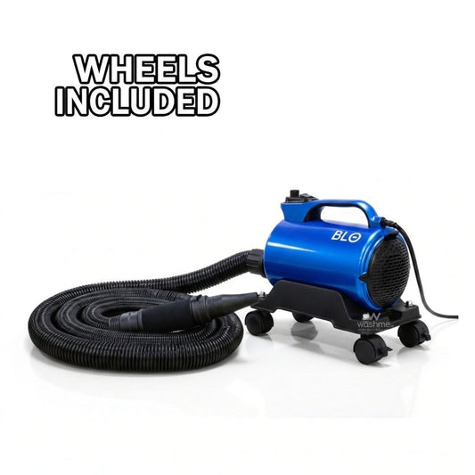 Blue BLO AIR-RS Car Dryer with Wheels with black hose on a white background, featuring the brand 'BLO'.