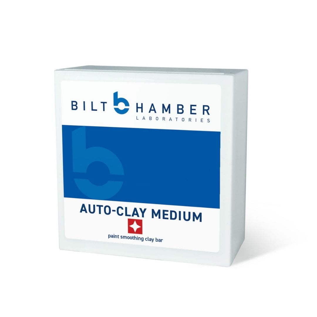 A white rectangular box of Bilt Hamber Laboratories Auto-Clay Medium clay bar, featuring a blue and white label with the product name and a small red Swiss cross logo, set against a plain white background.