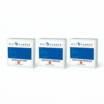 Three Bilt Hamber Professional clay bars Auto-Clay boxes in soft, medium, and regular weights, arranged side-by-side on a white background.