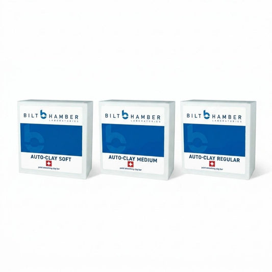 Three Bilt Hamber Professional clay bars Auto-Clay boxes in soft, medium, and regular weights, arranged side-by-side on a white background.