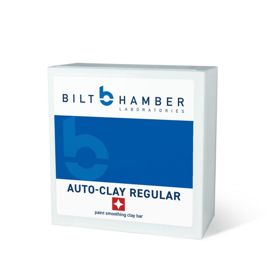 A white rectangular box of Bilt Hamber Laboratories Auto-Clay Regular clay bar, featuring a blue and white label with the product name and a small red Swiss cross logo, set against a plain white background.