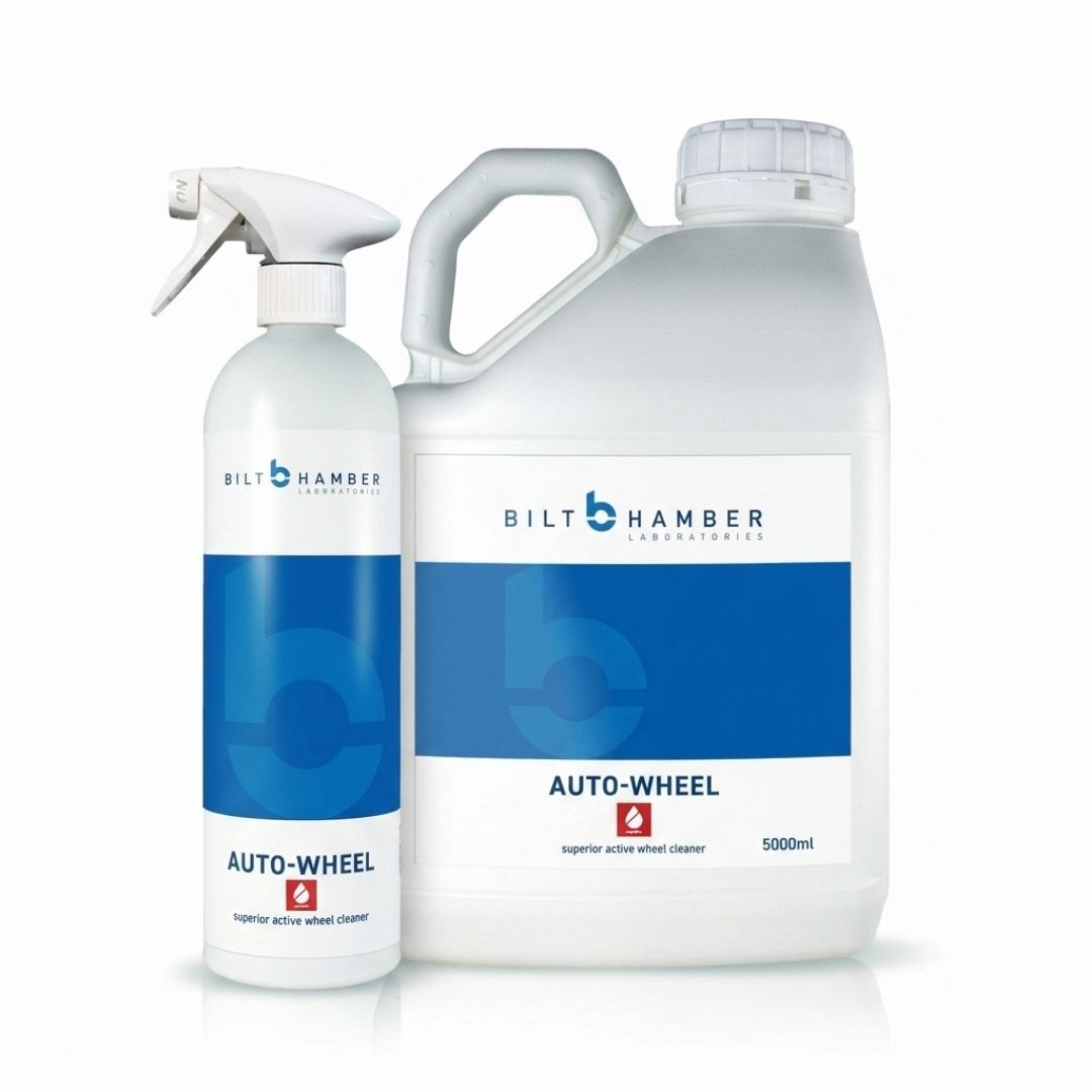 A 51L and 000ml plastic jug and a spray bottle of Bilt Hamber Auto-Wheel superior active wheel cleaner, shown on a clean white background.