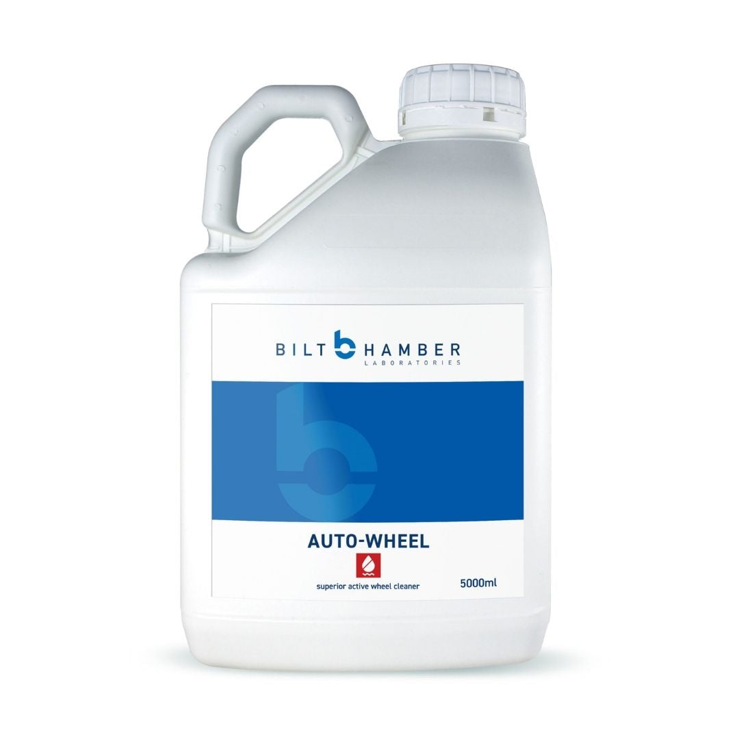 A 5000ml plastic bottle of Bilt Hamber Auto-Wheel cleaner, featuring a white body, a translucent cap, and a white label with a prominent blue graphic block.