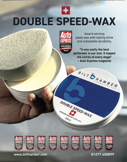 Bilt Hamber double speed-was. Autoglym UHD wax. Best car wax. High gloss wax. Best car shine wax. Blue microfibre towel and applicator.