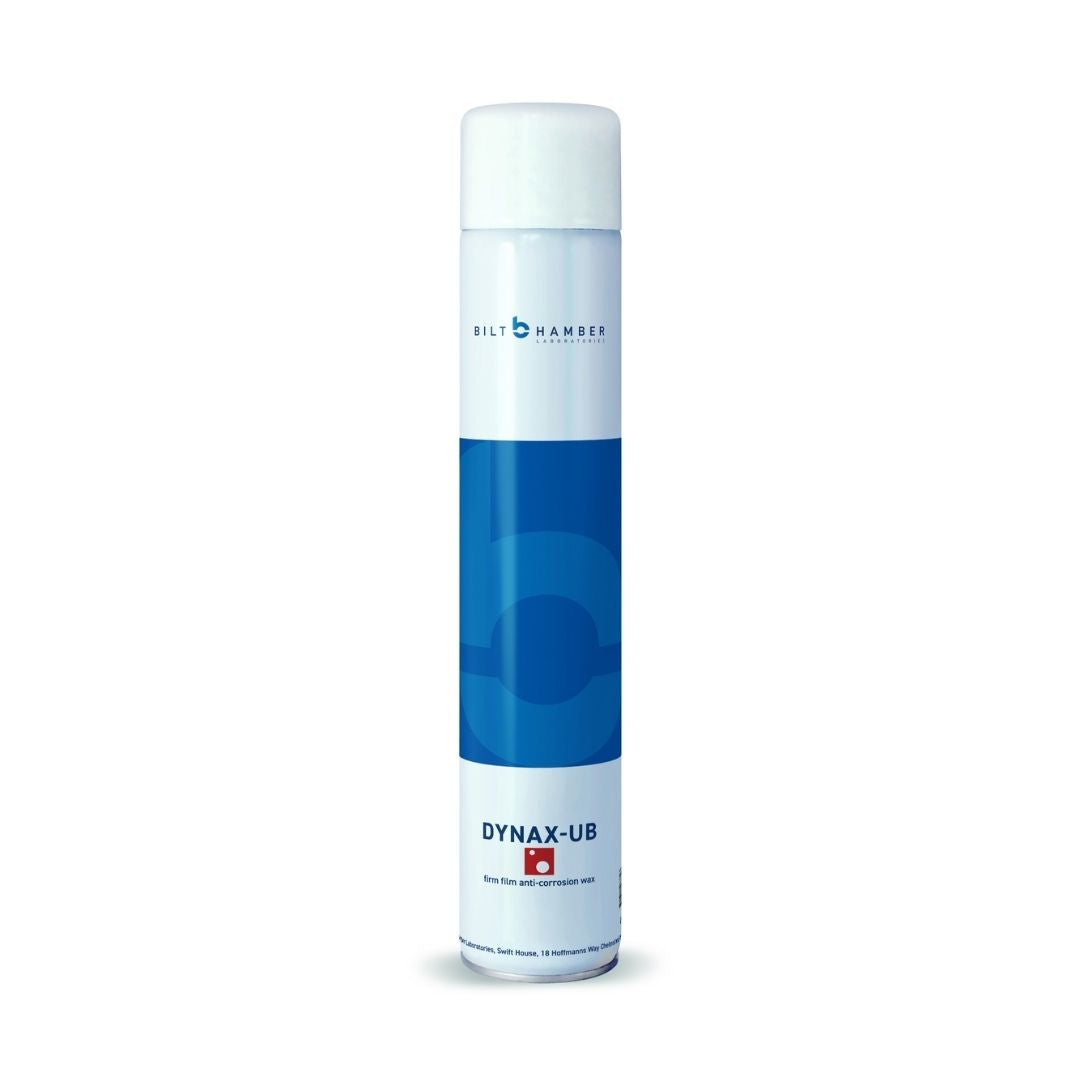 A white aerosol can of Bilt Hanber DYNAX-UB with a prominent blue graphic band on the front, set against a plain white background.