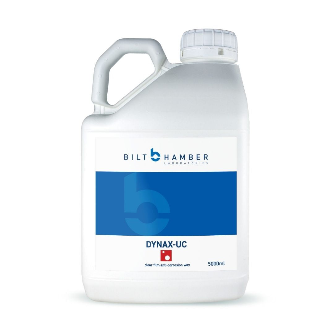 A 5000ml white plastic bottle of Bilt Hamber Laboratories Dynax-UC clear film anti-corrosion wax, featuring a white and blue label with a handle on the left side.