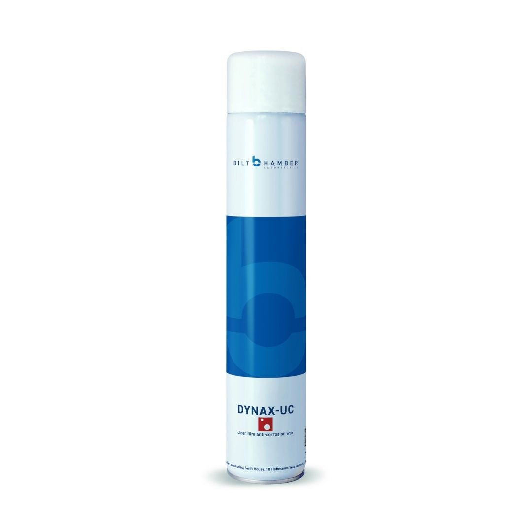 A white aerosol can of Bilt Hamber DYNAX-UC with a prominent blue graphic band on the front, set against a plain white background.