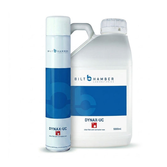Bilt Hamber Dynax-UC clear film anti-corrosive wax shown as a 5000ml white plastic jug and a matching white aerosol can with a blue label, on a white background.