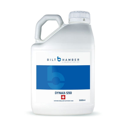 A 5000ml white plastic bottle of Bilt Hamber Laboratories Dynax-S50 clear film anti-corrosion wax, featuring a white and blue label with a handle on the left side.