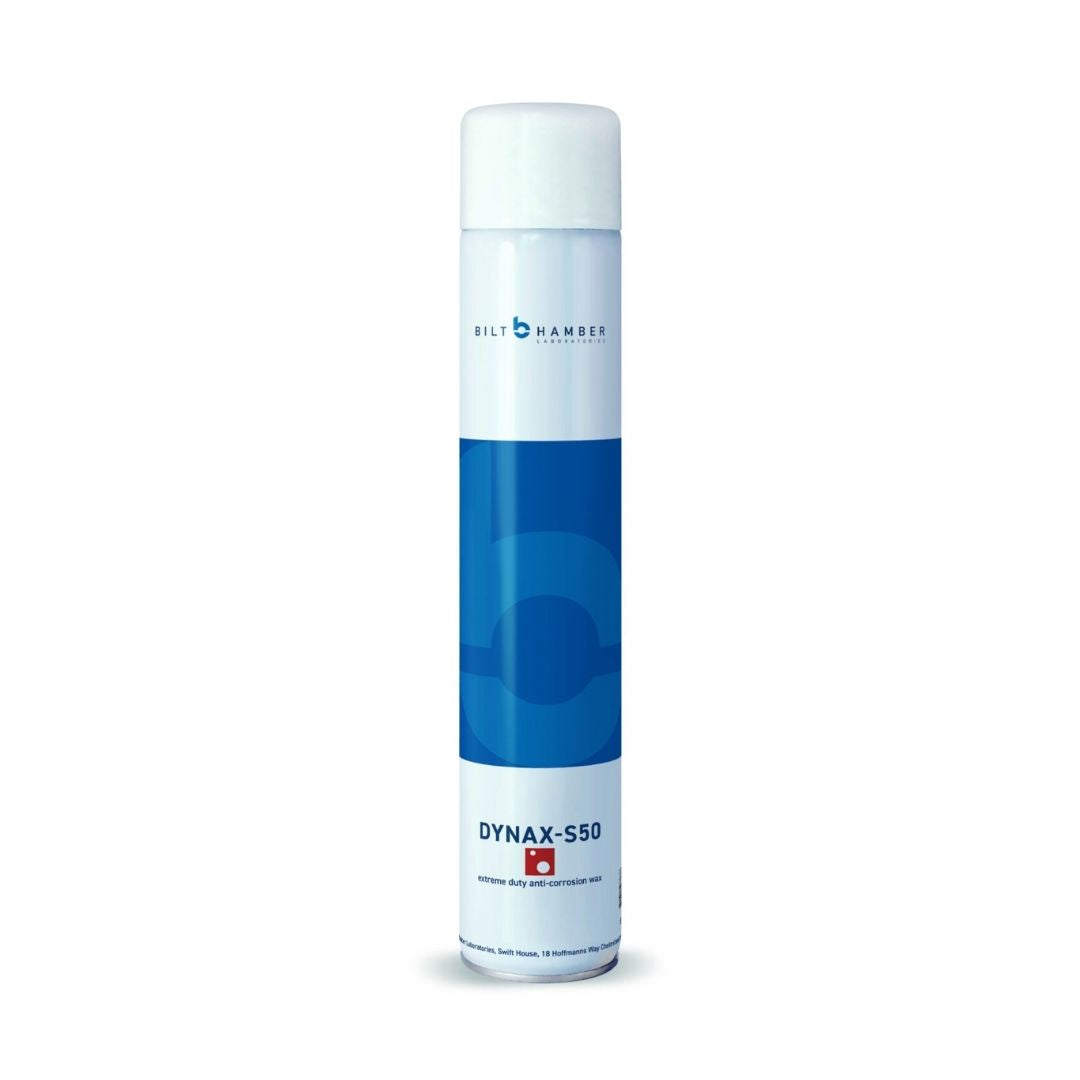 A white aerosol can of Bilt Hamber DYNAX-S50 with a prominent blue graphic band on the front, set against a plain white background.