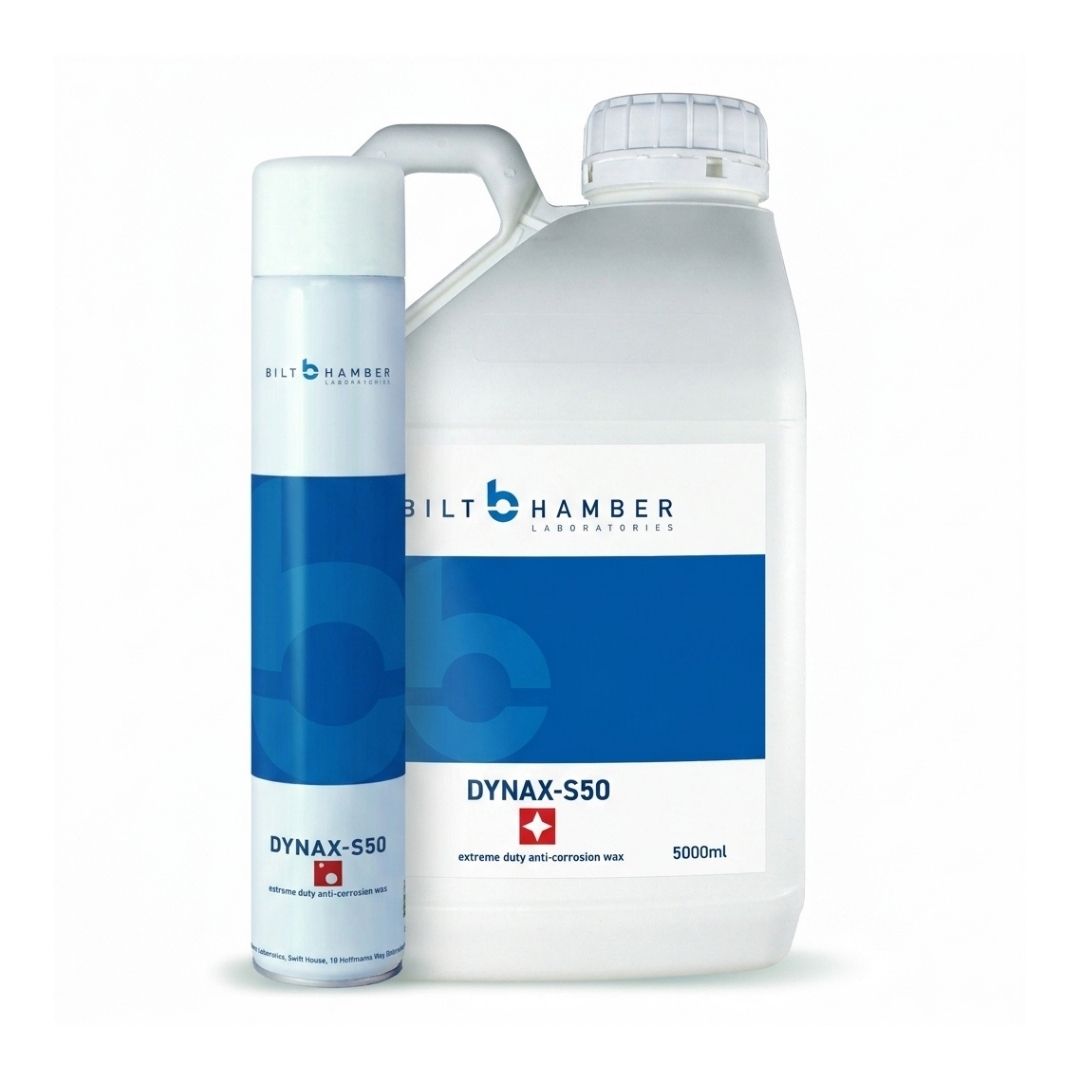 A 5000ml plastic bottle and a matching 750ml aerosol can of Bilt Hamber Dynax-S50 extreme duty anti-corrosion wax, shown on a clean white background.