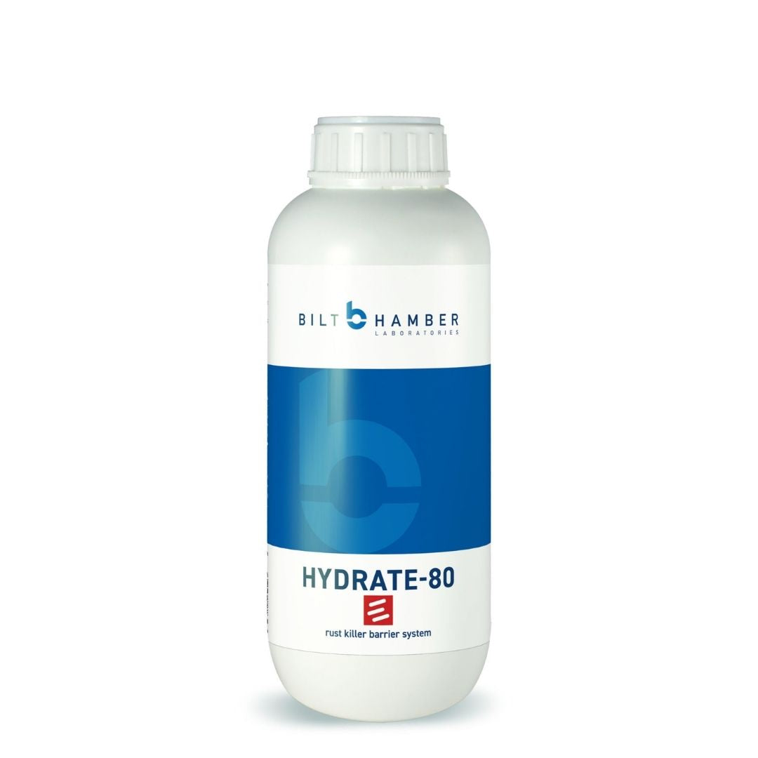 A white 1L plastic bottle of Bilt Hamber Hydrate-80 rust converter, rush killer barrier system, featuring a blue and white label with the product name and brand logo.