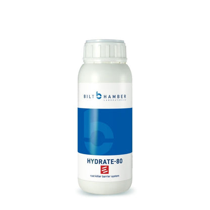 A white 500ml plastic bottle of Bilt Hamber Hydrate-80 rust converter, rush killer barrier system, featuring a blue and white label with the product name and brand logo.