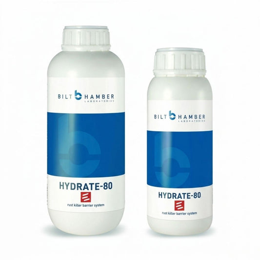 Two white plastic bottles of Bilt Hamber Hydrate-80 rust killer barrier system, one larger and one smaller, with blue and white labels on a white background.