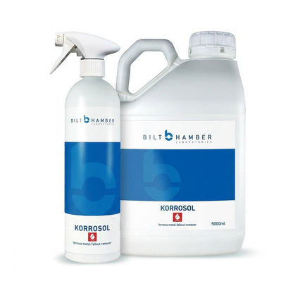 Bilt Hamber Korrosol natural rust remover shown in two containers: a 1000ml spray bottle and a 5000ml plastic jug, both with white bodies and blue labels on a white background.