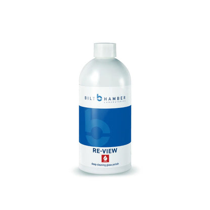 A bottle of Bilt Hamber Re-View Glass Polish with a capacity of 500ml.