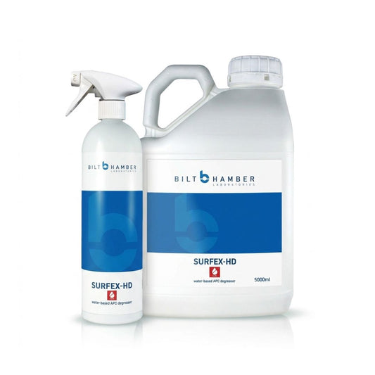 Bilt Hamber Surfex HD - All Purpose Cleaner (APC) & Degreaser in 1L bottle and 5L Jerry Can on white background. Bilt Hamber Ireland
