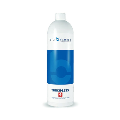 A white bottle of Bilt Hamber Touch-Less Sugar  Based Snow Foam Pre-wash, featuring a blue and white label with a red logo accent, set against a plain white background.