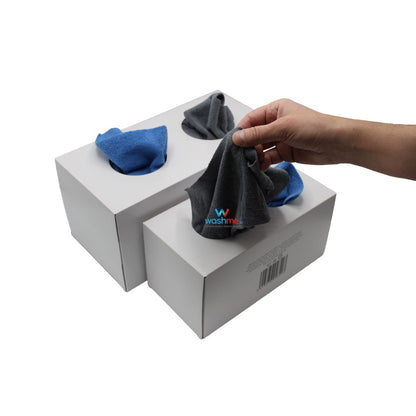 Box of microfibre in grey and blue. 200gsm microfibre for interior and engine bay. workshop microfibre washable. washme.ie microfibre in box. microfibre Ireland