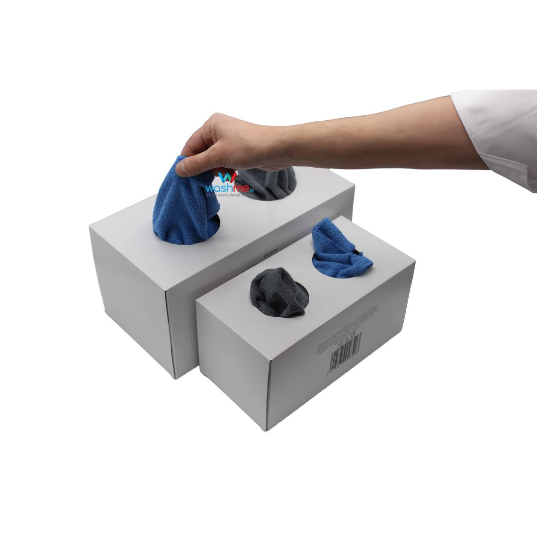 Box of microfibre in grey and blue. 250gsm microfibre for interior and engine bay. workshop microfibre washable. washme.ie microfibre in box. microfibre Ireland