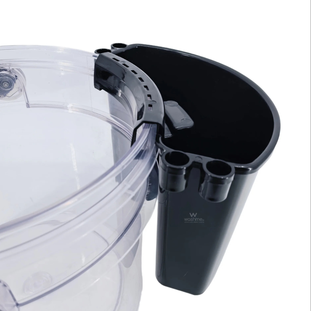 Clear plastic bucket with black lid on a white background