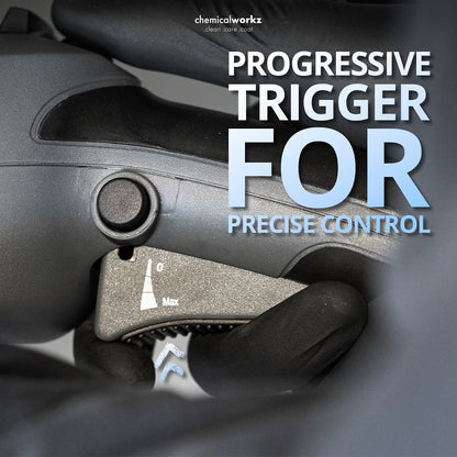 Close-up of a polishing machine trigger DA15 by Chemicalworkz with text about progressive trigger for precise control
