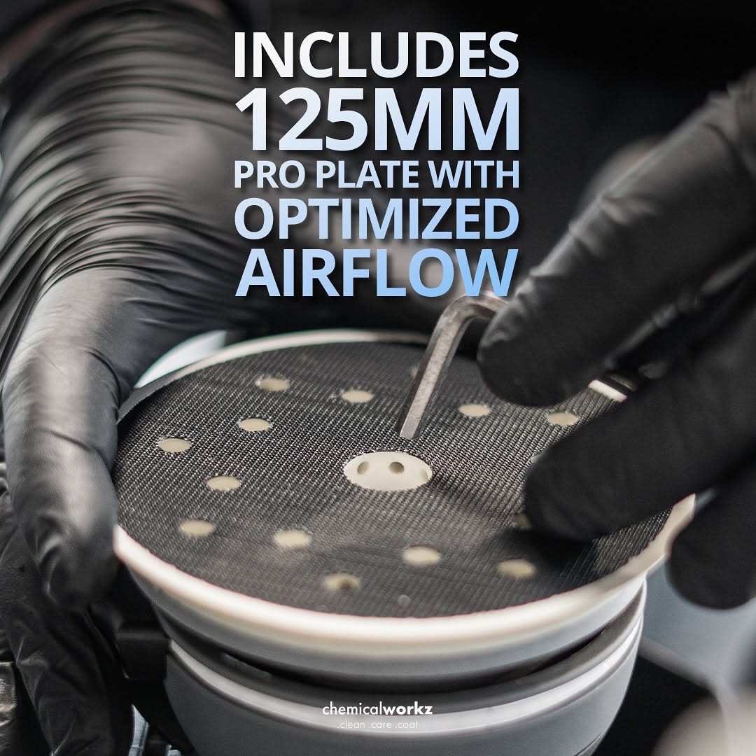 Person wearing black gloves holding a 125mm pro plate with optimized airflow, branded 'chemicalworkz'.