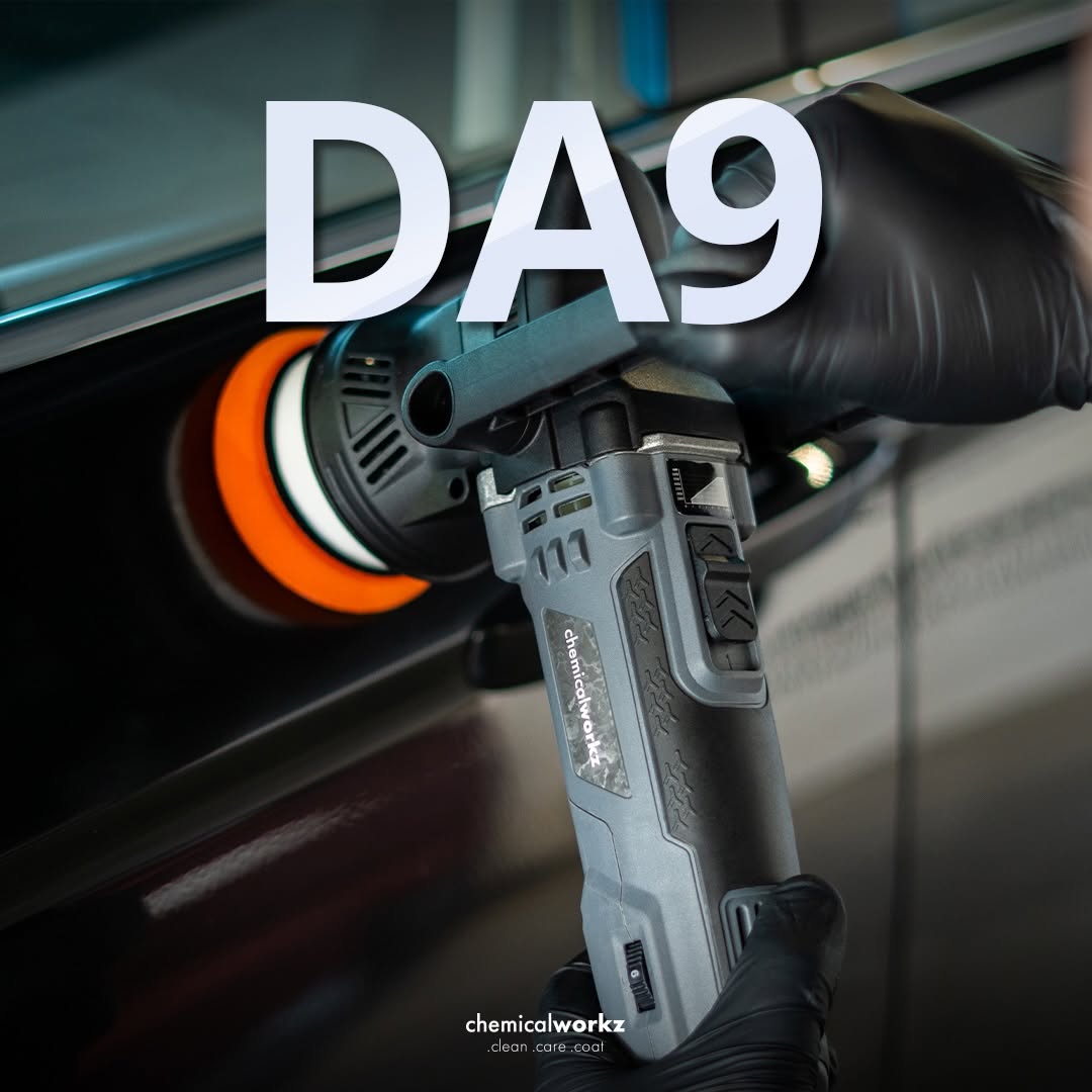 Car polisher with DA9 text and Chemicalworks logo on a car interior background