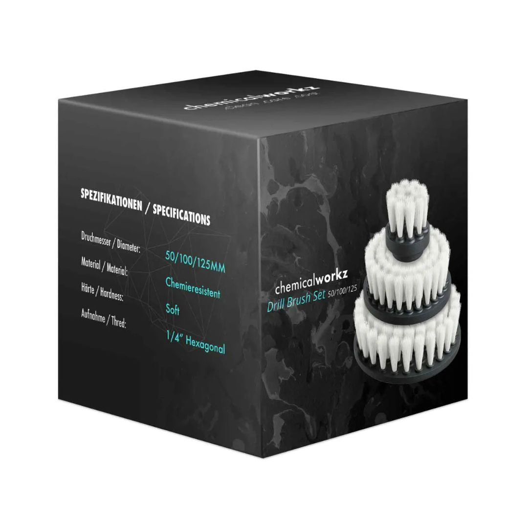 Box packaging of a drill brush set with 'chemicalworkz' branding on a white background