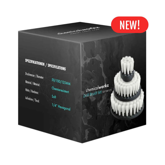 Box of chemicalworkz drill brush set with specifications on a white background