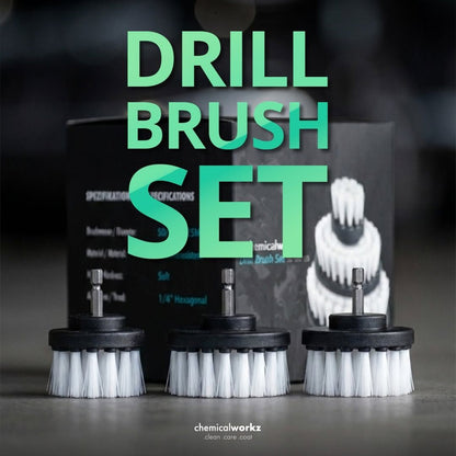 Drill brush set with 'chemicalworkz' branding on a dark background