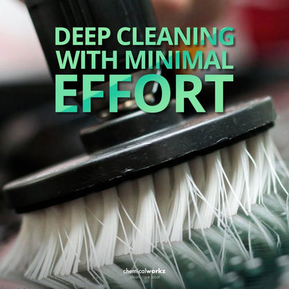 drill brush with text 'Deep Cleaning with Minimal Effort' and 'chemicalworkz' branding.