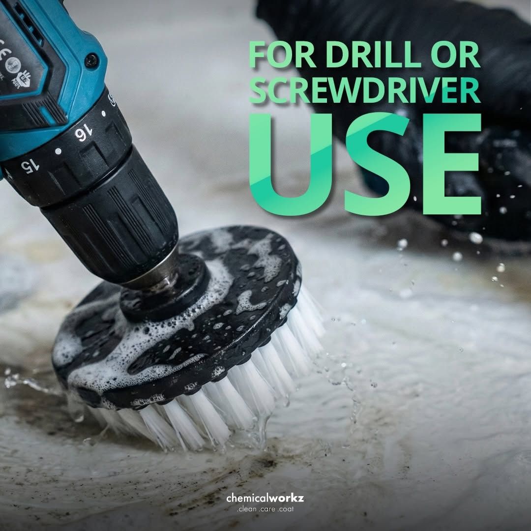 drill brush with drill attachment on a surface, labeled for drill or screwdriver use.