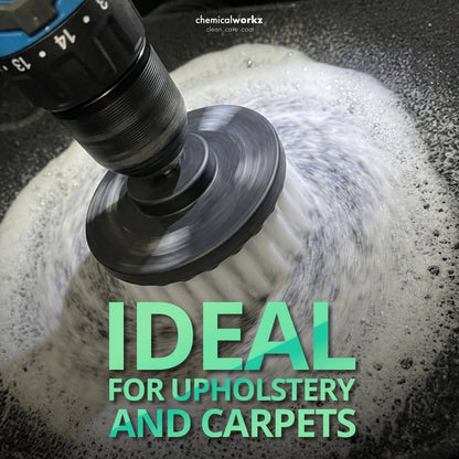 Drill brush with foam and text 'Ideal for Upholstery and Carpets' on a dark background