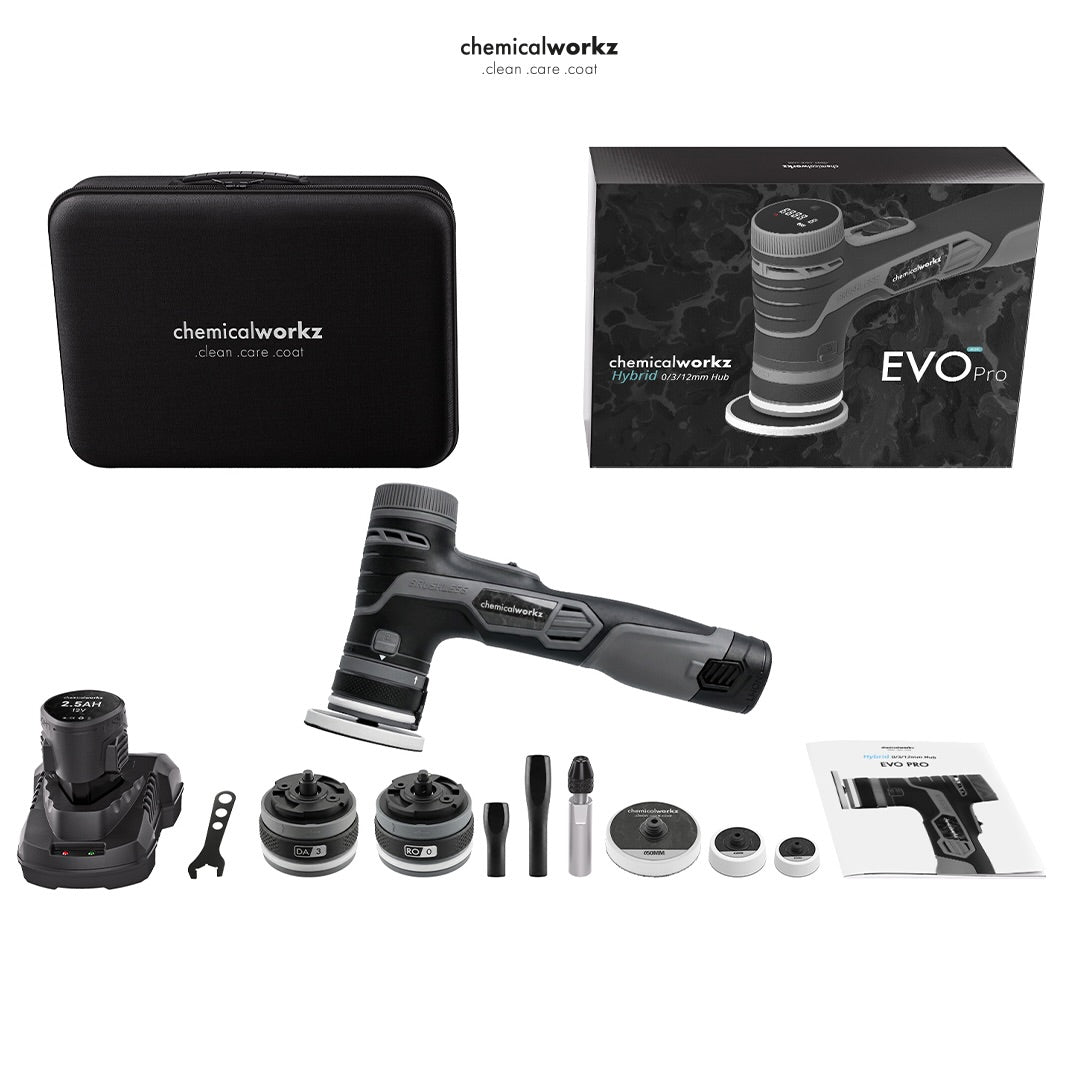 ChemicalWorks EVO Pro car detailing tool set with accessories on a white background