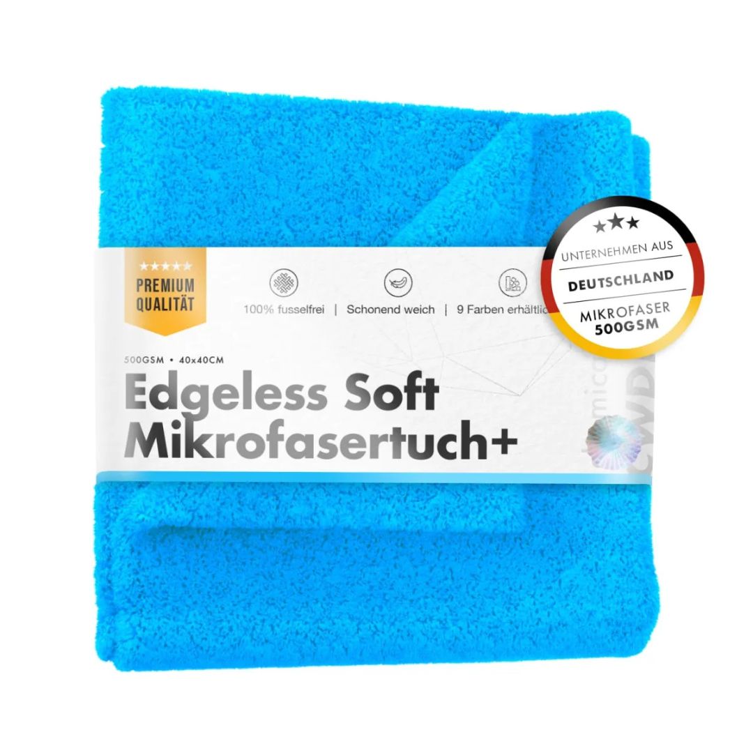 Blue Chemicalworkz microfibre buffing towel with packaging on a white background with 500gsm extra soft 