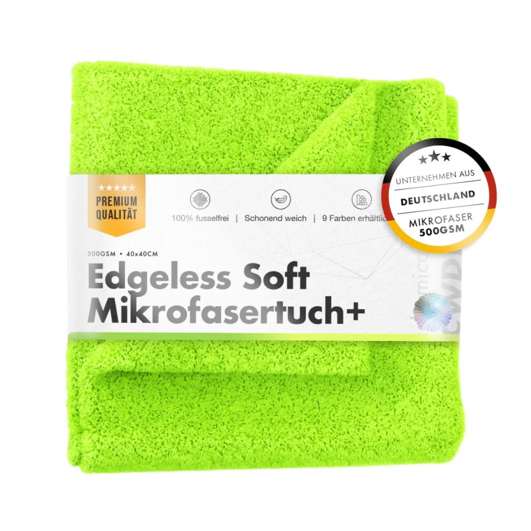 Green Chemicalworkz microfibre buffing towel with packaging on a white background with 500gsm extra soft 