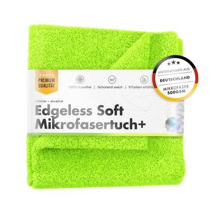 Green Chemicalworkz microfibre buffing towel with packaging on a white background with 500gsm extra soft 