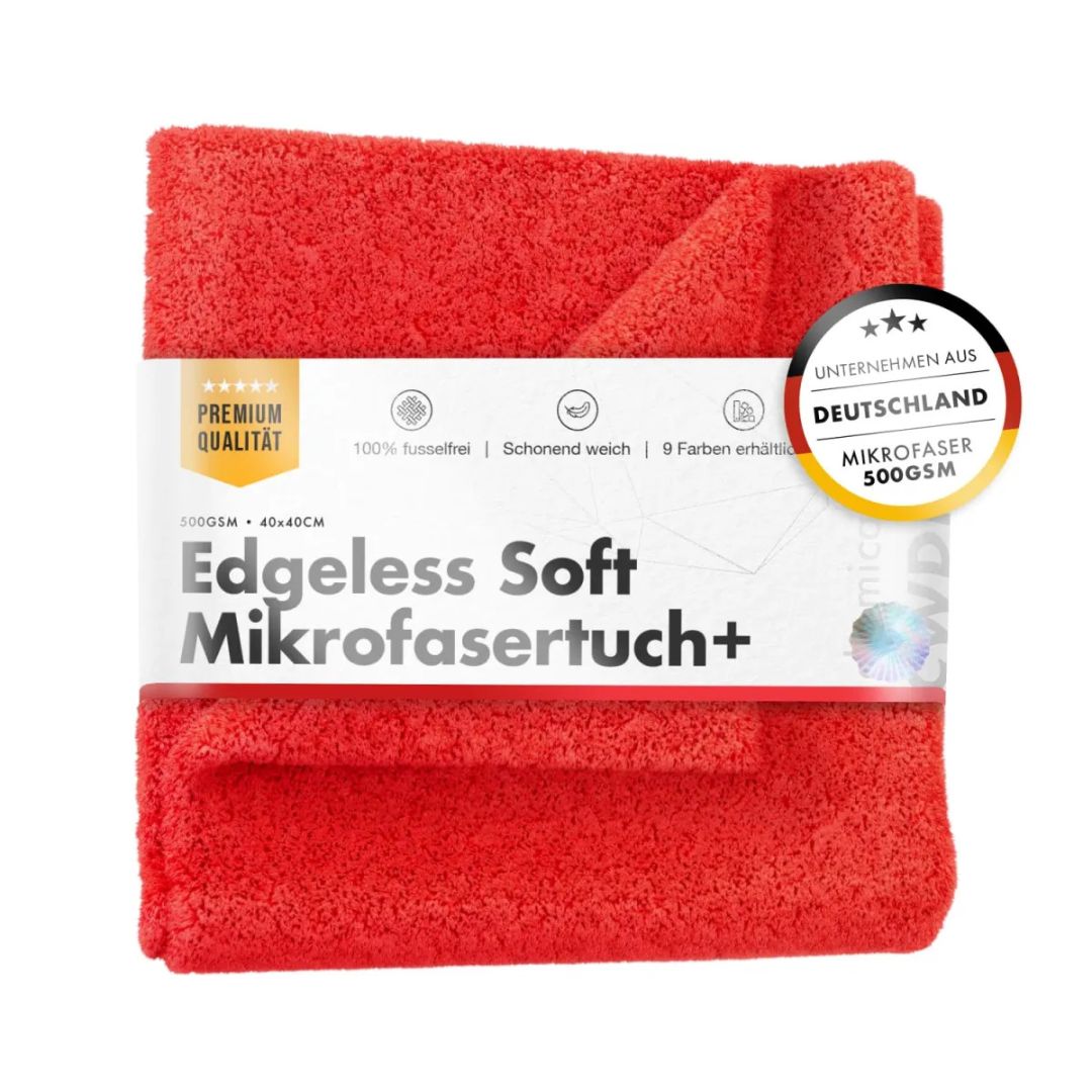 Red Chemicalworkz microfibre buffing towel with packaging on a white background with 500gsm extra soft 