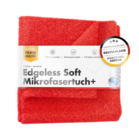 Red Chemicalworkz microfibre buffing towel with packaging on a white background with 500gsm extra soft 